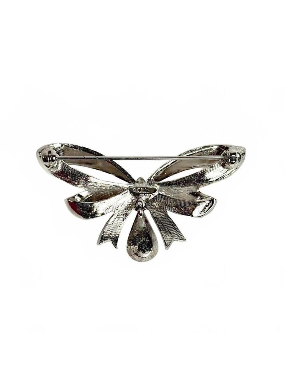 Vintage Avon Marcasite Bow Brooch Silver Tone Rhinestone Drop Pin - Picture 2 of 3
